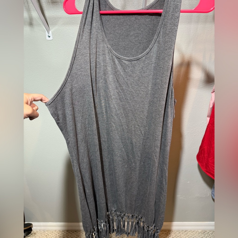 Pinziko XXL Charcoal Fringe Hem Tank Dress Boho Swim Cover Up Sleeveless